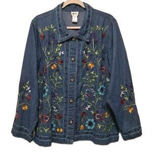 Gunit Fashions Denim Jean Jacket Womens XL Blue Button Front Embroidered Flowers